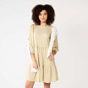 Draper James RSVP Tiered Skater Dress‎ Beige Gold Houndstooth Print Small NWT